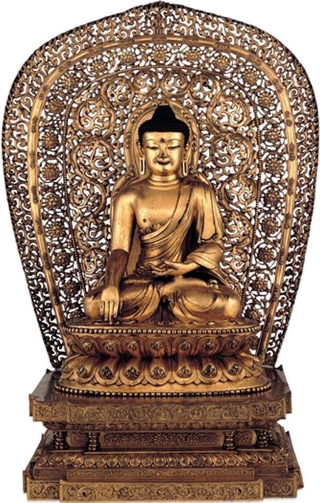 British Museum Top 20 Buddhism 08 Shakyamuni Gilt-bronze 8. Gilt-bronze figure of Shakyamuni � China, 1403-24 AD, 50cm high. This important image of the historical Buddha, Shakyamuni, displays the integration of Chinese and Tibetan Buddhist art in both its intricate design and metal-casting technique. It is one of the largest and most ornate Sino-Tibetan bronzes surviving from the early fifteenth century. The bronze is cast in three sections: the Buddha and the double lotus throne, the rectangular stepped base and the background mandorla, which is pierced with fire and floral scrolls. The figure's gesture indicates that Shakyamuni has just warded off temptation and gained peace and truth. Photo: http://www.britishmuseum.org.